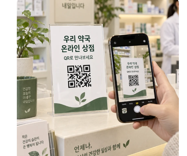 약국 QR 안내판을 휴대전화로 스캔하는 모습